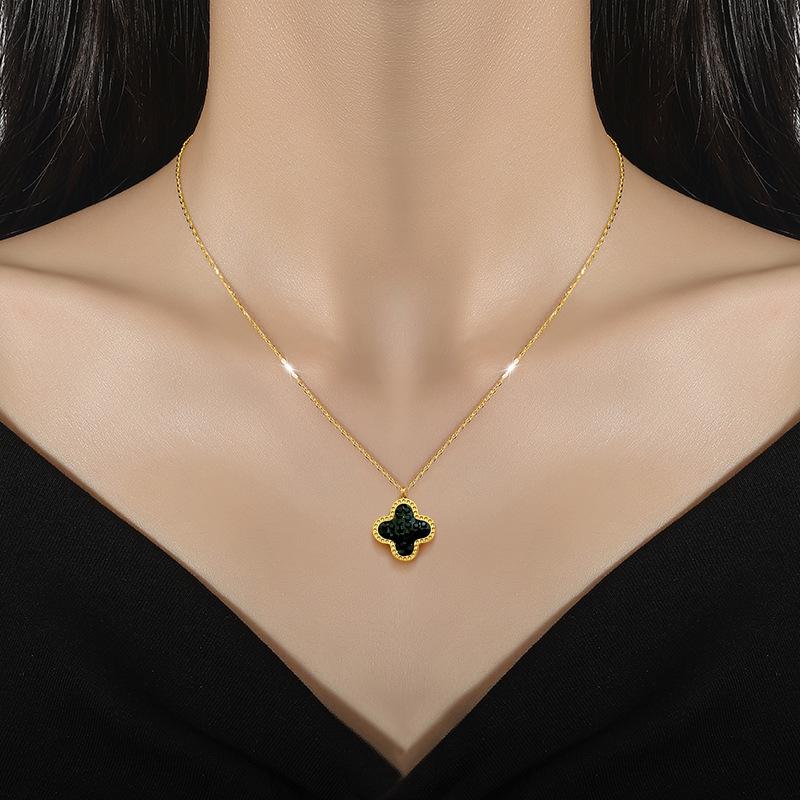 Double-Sided Lucky Grass Minimalist Wind Stove Real Gold Necklace Female Collarbone Chain Accessories