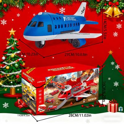 Weihnachtsgeschenk! Verwandelndes Trägheitsflugzeugmodell mit Stauraum - 3 Spielzeugautos + 1 Mini-Flugzeug enthalten, Farbkartonverpackung