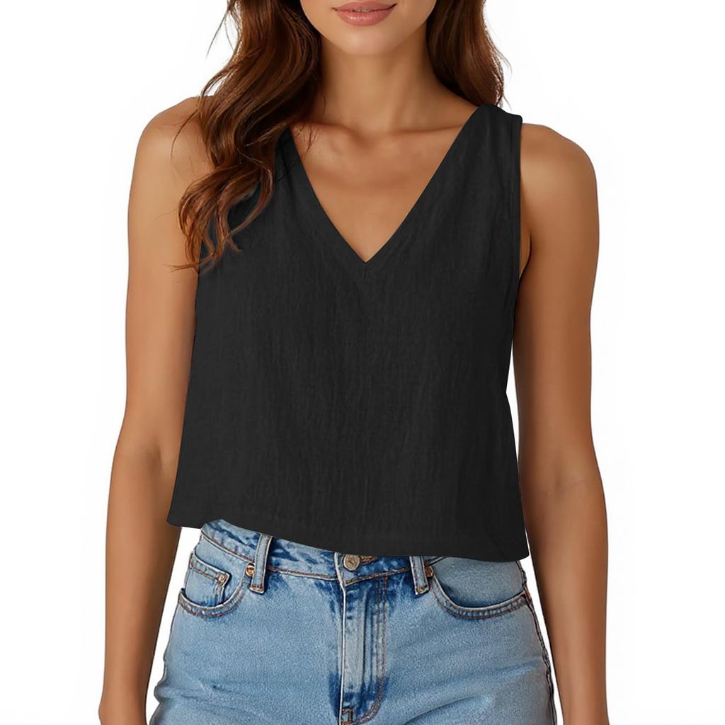 Women's Fashionable Solid Color V-neck Cotton Linen Casual Vest Sleeveless Top