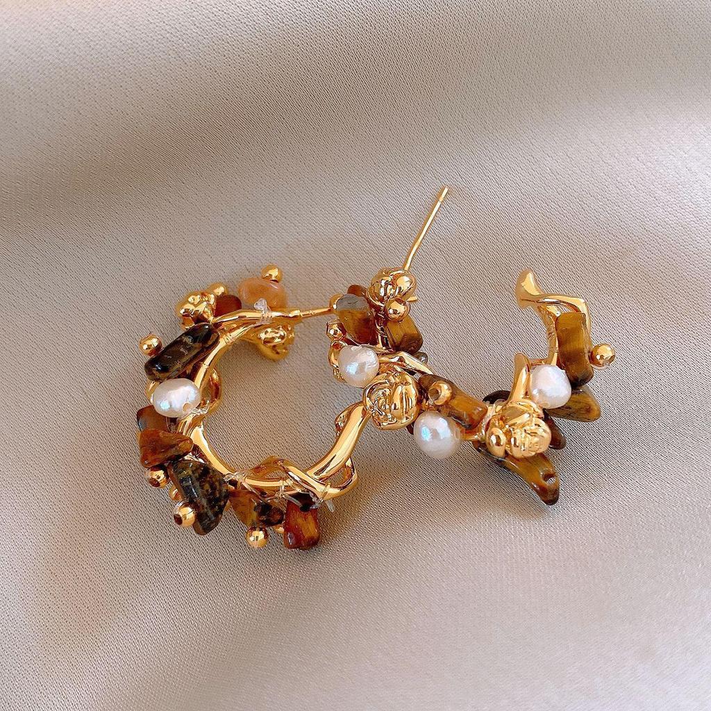 Geometric Tiger's Eye Stud Earrings, Retro Millard Style - Unique Design with Silver Needle 