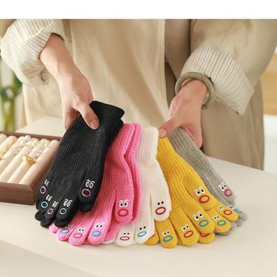Cute and Funny Expression Knitted Woolen Gloves That Expose Two Fingers for Typing, Playing On Mobile Phone, and Cycling.