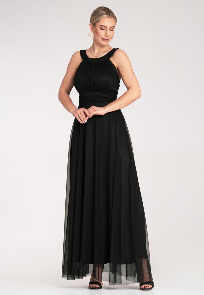 Elegancka Sukienka Wieczorowa - Sukienka Z Wiązaniem Z Tyłu - Czarna Sukienka Maxi M1171 R. S/M