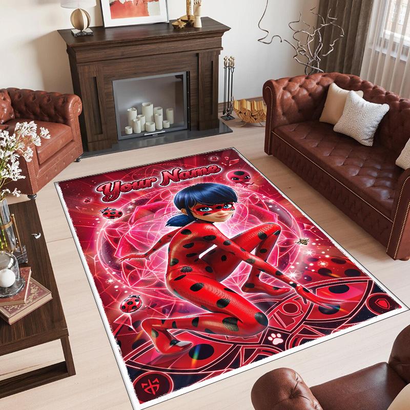 Alfombra de Terciopelo de Cristal Personalizada con Nombre y Texto, Alfombra de Área Antideslizante Miraculous Ladybug Para Decoración del Hogar