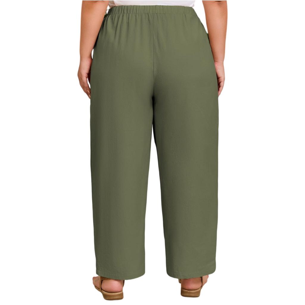 Women Elastic High Waist Pant Casual Fit Wide Leg Long Pants Trousers With Pockets