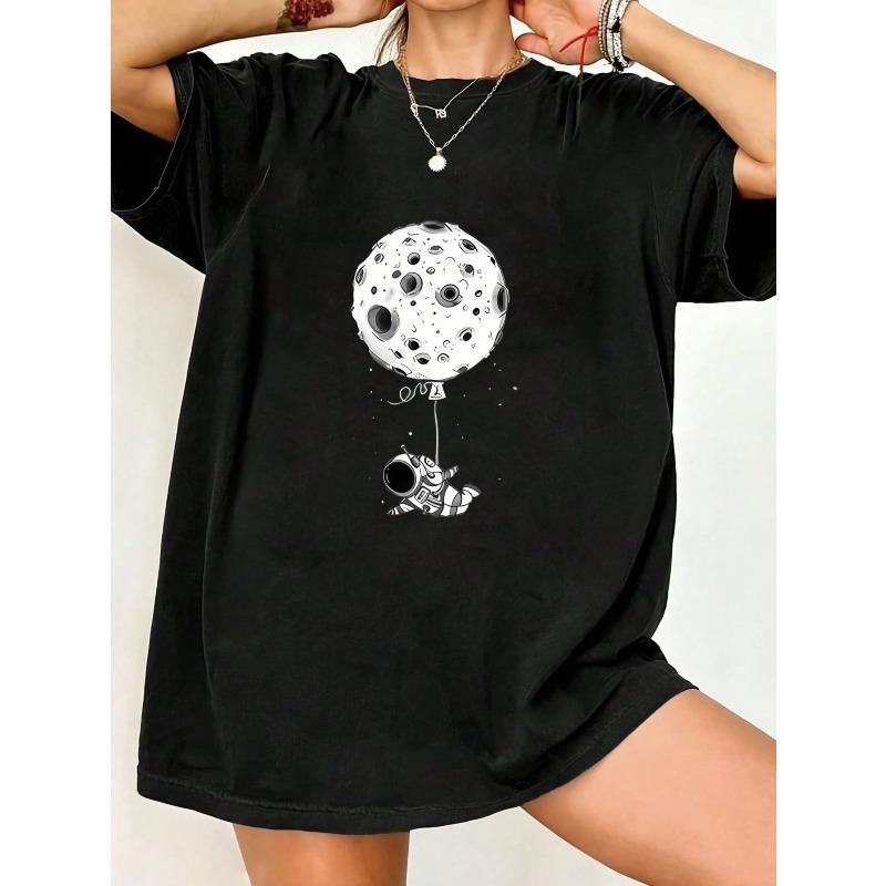 Black Oversized T Shirt With Moon Balloon And Astronaut Print For Casual Wear