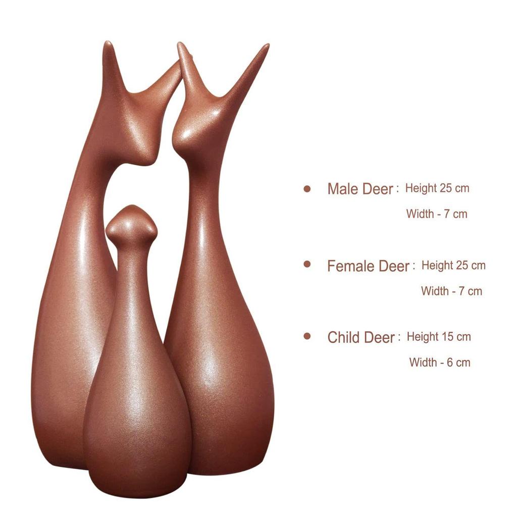 Muted Metallic Matte Home Decor Lucky Deer Family Ceramic Figurine | Launched for The First Time In India - (Set of 3, Bronze)