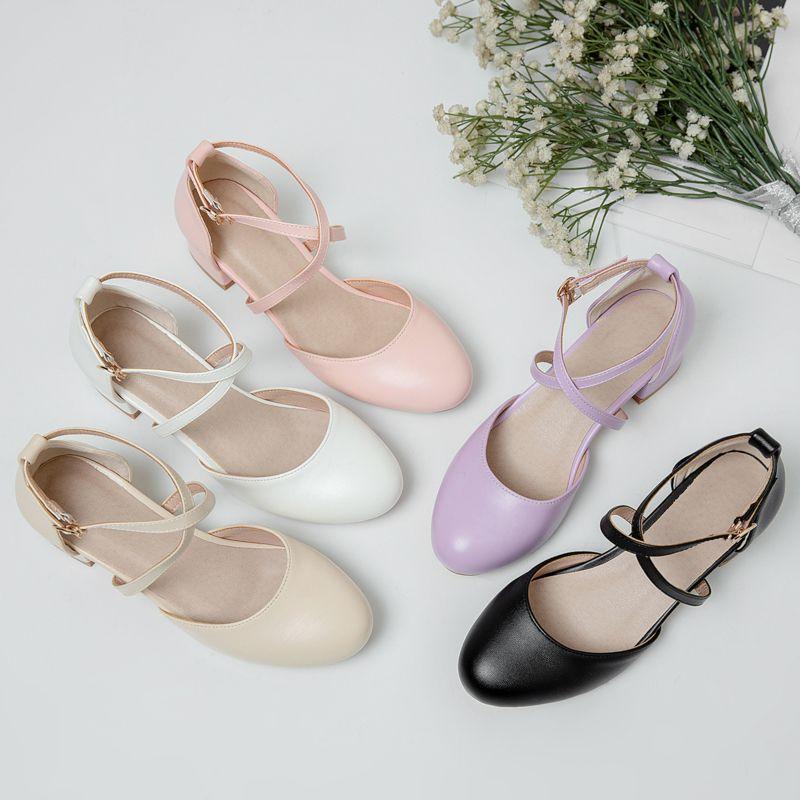 2025 Sweet Mary Janes Women Sandals Round Toe Thick Heels 4cm Buckle Strap Large Size 46 47 48 Fashion Dating Shoes