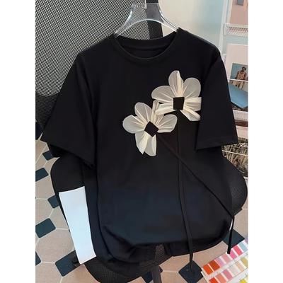 Damen Blume Muster Rundhals Kurzarm Freizeit T-Shirt