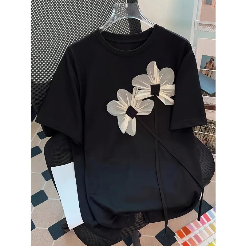 

Womens Floral Print Round Neck Short Sleeve Casual T Shirt 4XL чорний