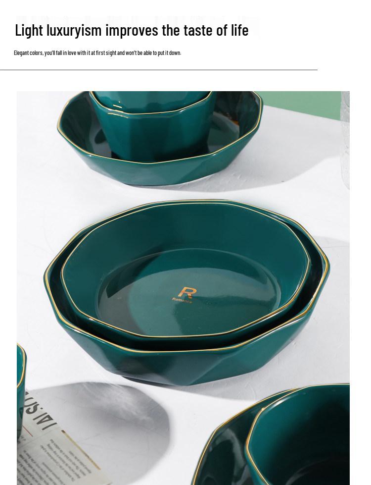 Luxury Peacock Green Tableware Set: Gold-Rimmed Bowl & Plate
