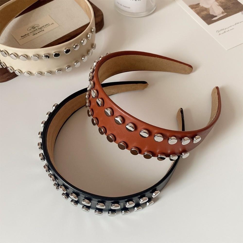 Cool Multi-Color Rivet Headband Vintage PU Leather Wide Brim Hair Hoop Comfort Fit Chic Face Wash Headwear Gift