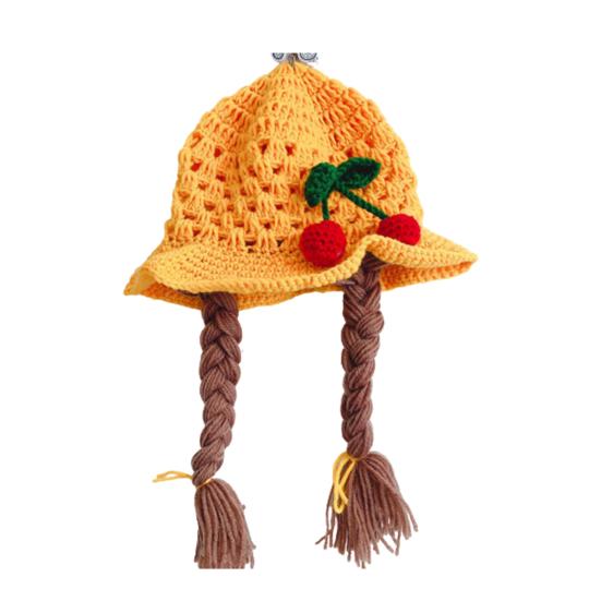 Baby Girls Braided Wig Woolen Yarn Knitted Hat Sunflower Cherry Cap Photo Prop