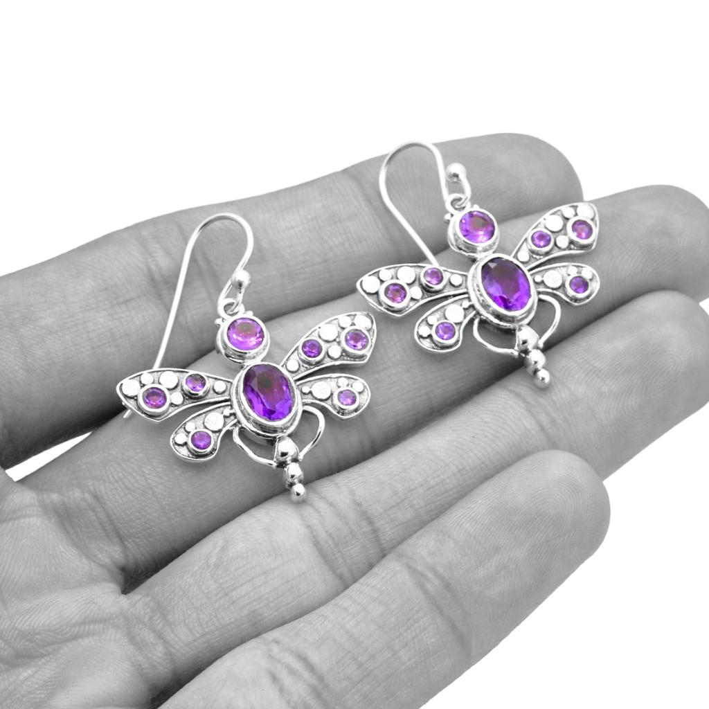 Sterling Silver Dragonfly Earrings: Amethyst Gemstone Dangle Earrings