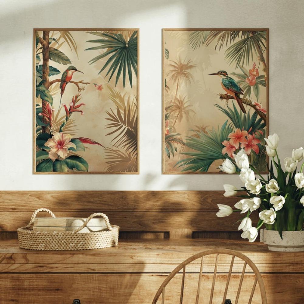 2 Frameless Retro Plant Bird Posters,Tropical Flower Plant Prints,Retro Decoration,Exotic Flower Decoration,living Room Decor