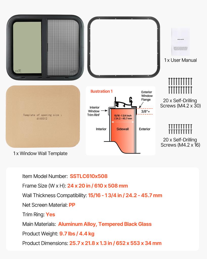 SucceBuy Vertical/Exit/Horizontal RV Window Tinted RV Window with Net Screen&Trim Ring RV Window Replacement for Trailer Camper