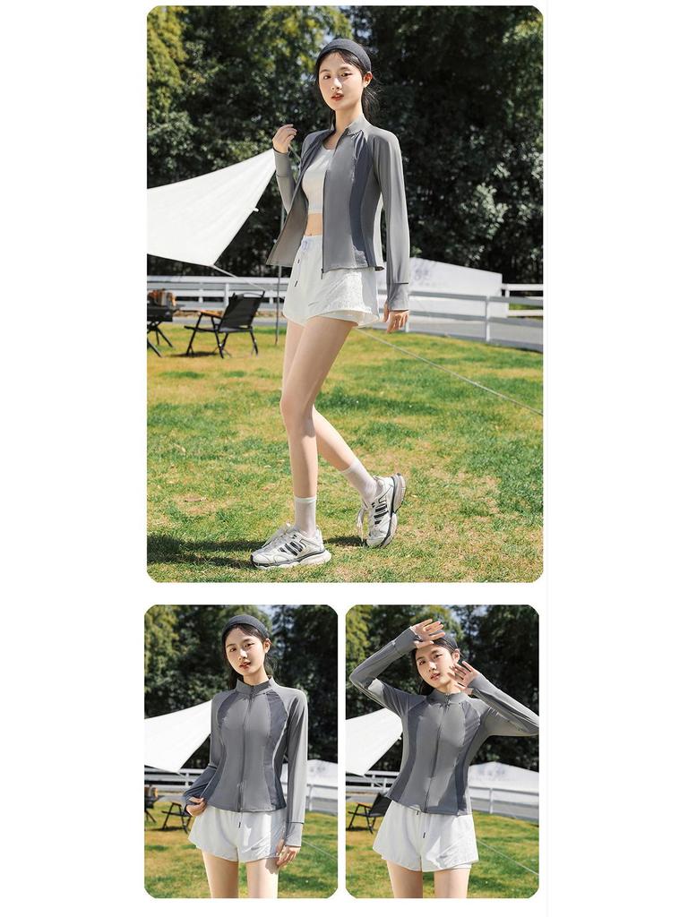 Women's Nylon Color Block Slim Fit UV Protection Cooling Summer Jacket