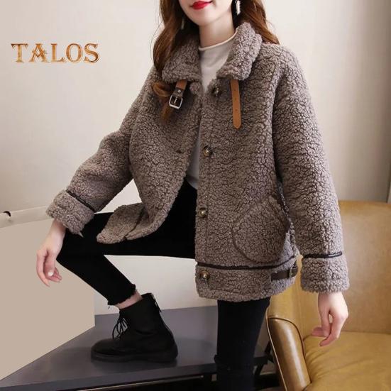 Zimowy damski płaszcz jednorzędowy kołnierz wykładany długie rękawy luźny gruby pluszowy kieszenie pasek ozdobny wiatroszczelna ciepła kurtka