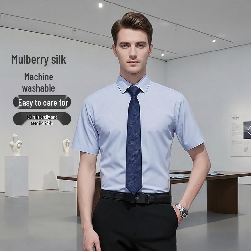 Teluoman Unisex Mulberry Silk Blend Non-Iron Business Short-Sleeve Shirt