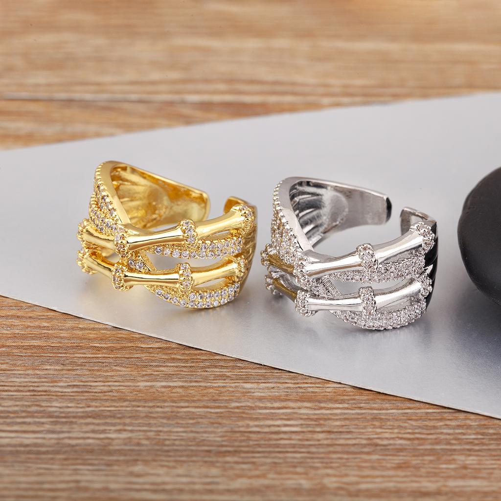 Nidin New Fashion Bandage Shape Rhinestones Double Layer Open Rings Adjustable For Female Male Light Luxury Finger Jewelry Gifts