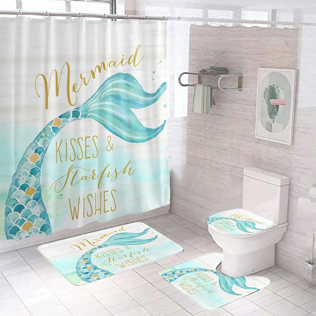 Mermaid Shower Curtain Set With Non-Slip Rugs Toilet Lid Cover Bath Mat Kids Ocean Coral Starfish Bathroom Shower Curtains Set
