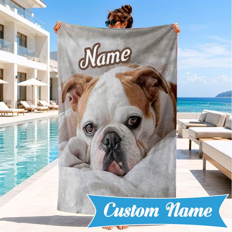 Custom Name Bulldog Comfortably Beach Towel Microfiber Beach Towel, Lightweight and Quick-Dry, for Summer Travel, Swimming Pool Gift