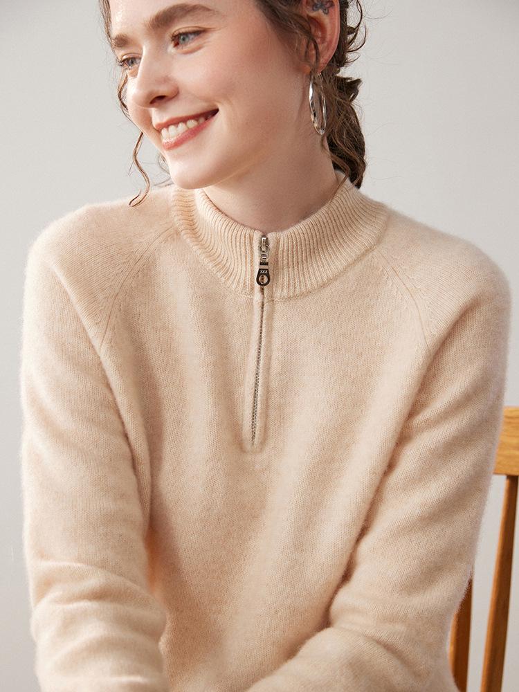 Women's Cashmere Half-Zip Pullover: Versatile Loose-Fit Solid Knit Sweater for Autumn/Winter