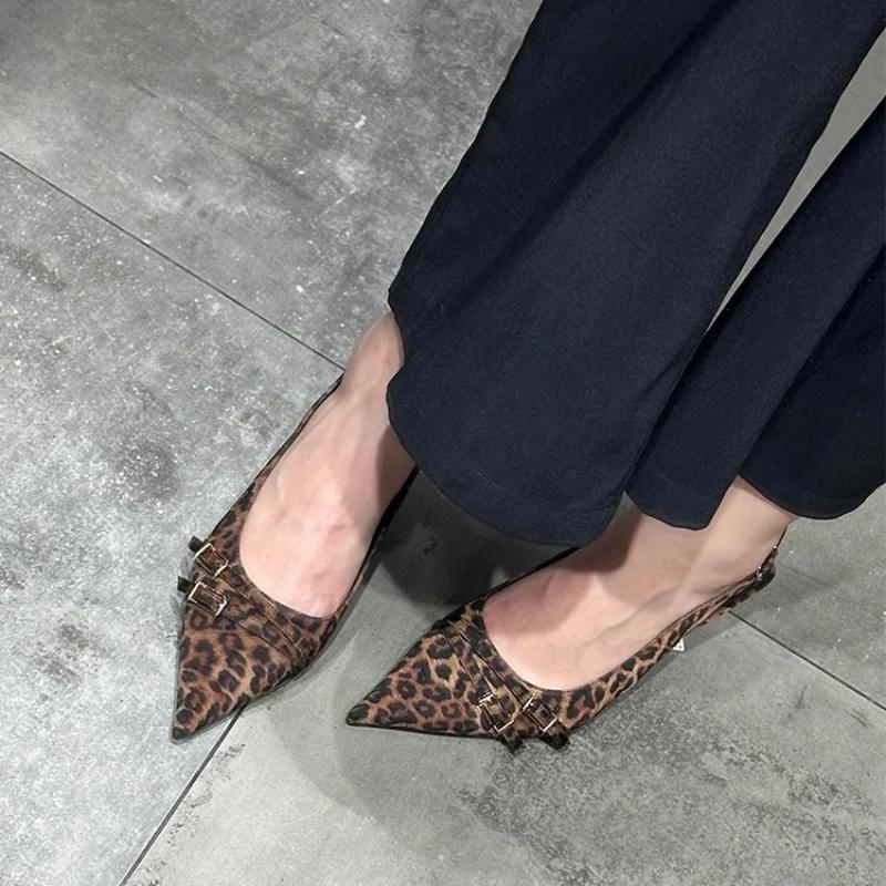 Nowe Wiosenno-Letnie Leopardowe Damskie Sandały na Wysokim Obcasie Eleganckie Szpiczaste Buty typu Slingback Buty do Tańca na Imprezę Bal Promocyjny