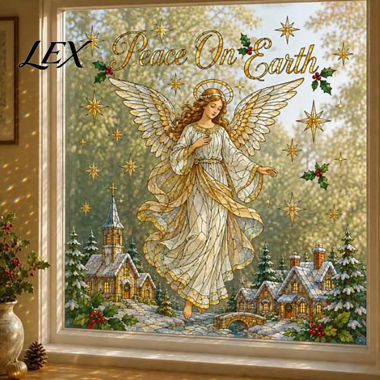 Shopping Mall Christmas Stickers 2Pcs Wall Stickers, Snowy Cottage Tree Self Adhesive Decals, Waterproof PVC Window Clings Snow Scene Holiday