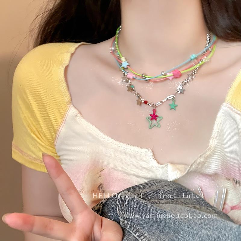 Dopamine Color Star Pendant Necklace Women's Summer Sweet Cool Design Clavicle Chain Stacked Neck Chain Accessories
