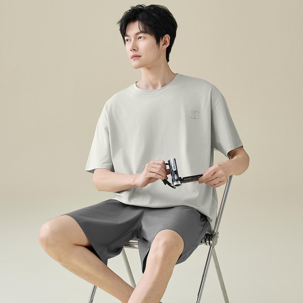 Men's Pajamas Summer Thin Solid Color Short-sleeved Shorts Loose and Simple Casual Style Pure Cotton Loungewear Can Be Worn Outside