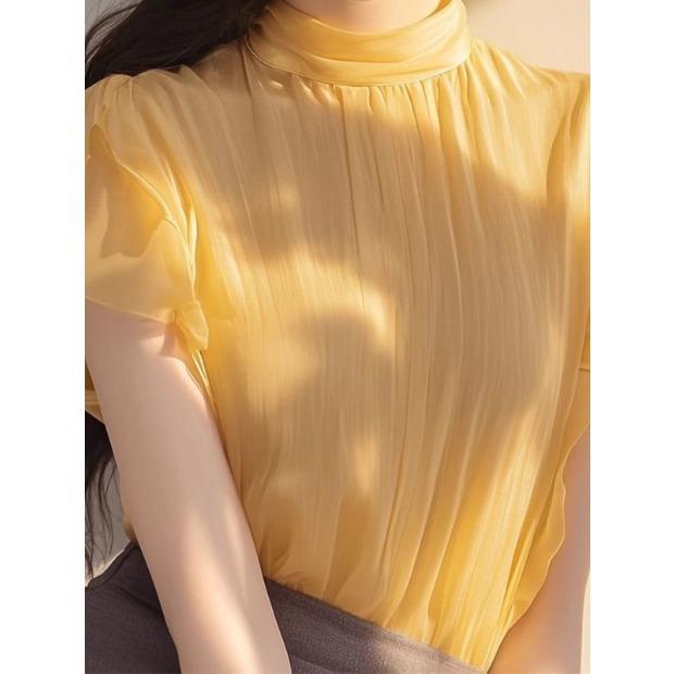 French Style Yellow Chiffon Shirt Women Summer Short Sleeve Blouse with Ruffles
