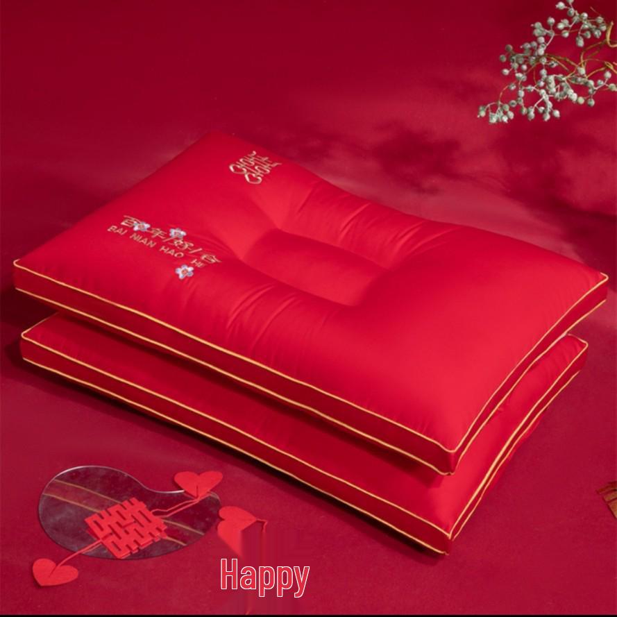 Embroidered Red Wedding Pillow - All-Cotton Feather Velvet for Newlywed Celebration