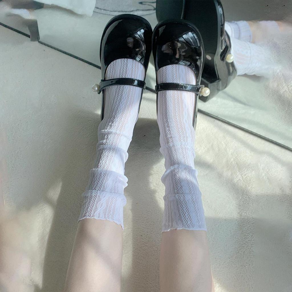Women's White Lace Mesh Knee-High Socks - Summer Thin, Striped, Mid-Calf, Japanese Style