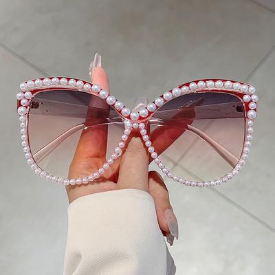 Chic Pearl Shiny Trends Shades Women Fashion Cat Eye Gradient Sunglasses Oversize Decor Outdoor Pink Sun Glasses