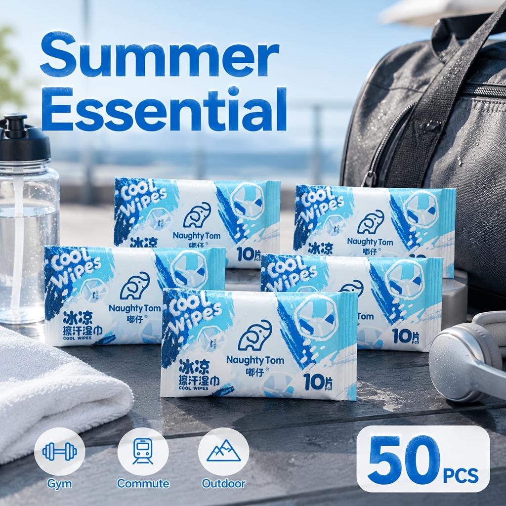 50Pcs Cooling Wipes Portable Mint Body Refreshing Wet Wipes Sweat Cleaning Wipes for Summer Outdoor Sports Travel Men Women