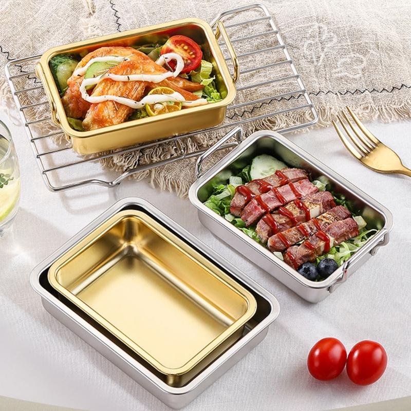 Rectangle Oven Tray for Casserole Bread Pizza Stainless Steel Deep Roasting Pan with Portable Handle Kitchen Accessories