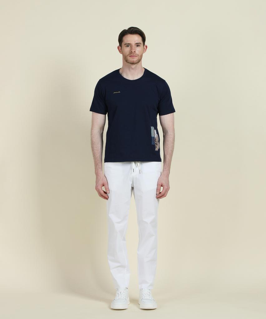 PANICALE Navy Cotton Patchwork Logo T-Shirt