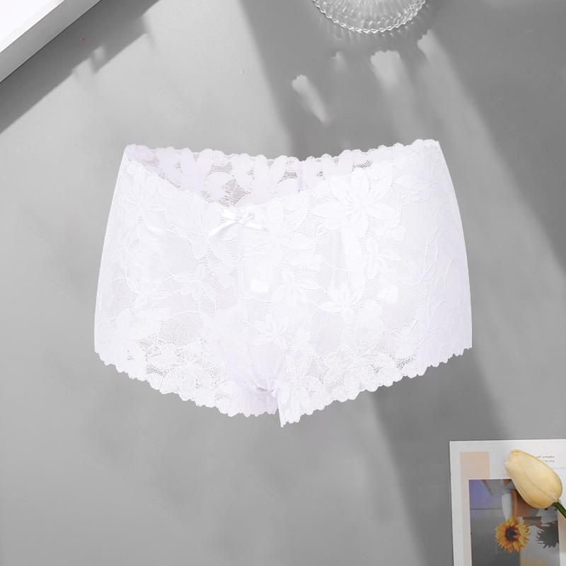 Women‘s Sexy Lace Floral Boxer Shorts Panties Female Solid Color Hollow Out High Waist Boyshort Elastic Perspective Lingerie