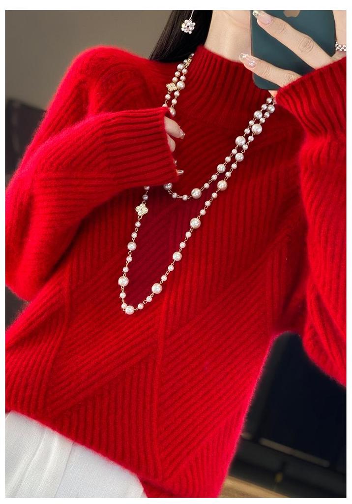 Women's Autumn & Winter Thick Cashmere Wool Sweater - Half-High Collar, Diamond Jacquard, Long Sleeve, Loose Fit