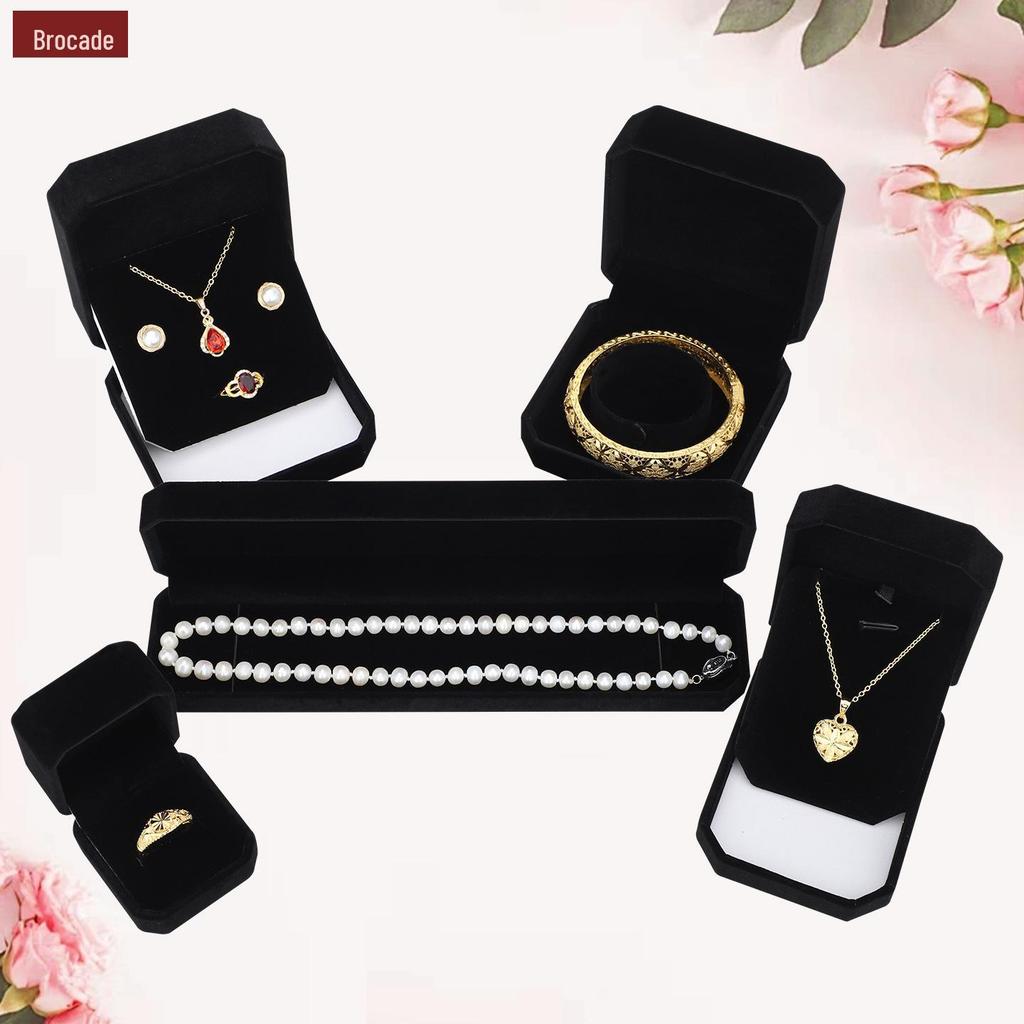 All Black Octagonal Velvet Jewelry Box for Rings, Pendants, and Bracelets Gift Set