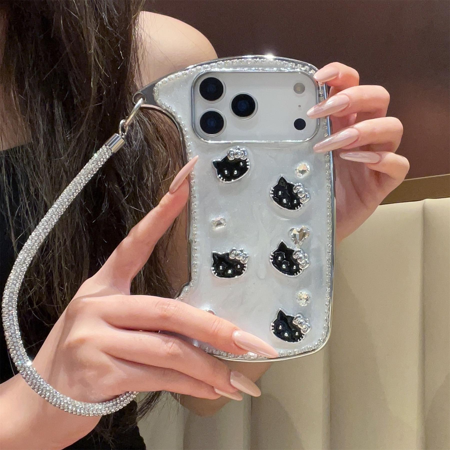 

Кристальный и 3D Чехол на плечо для телефона в виде котенка для серии iPhone 12-17 — Блестящий регулируемый ремешок, Роскошный дизайн iPhone 13 чёрный