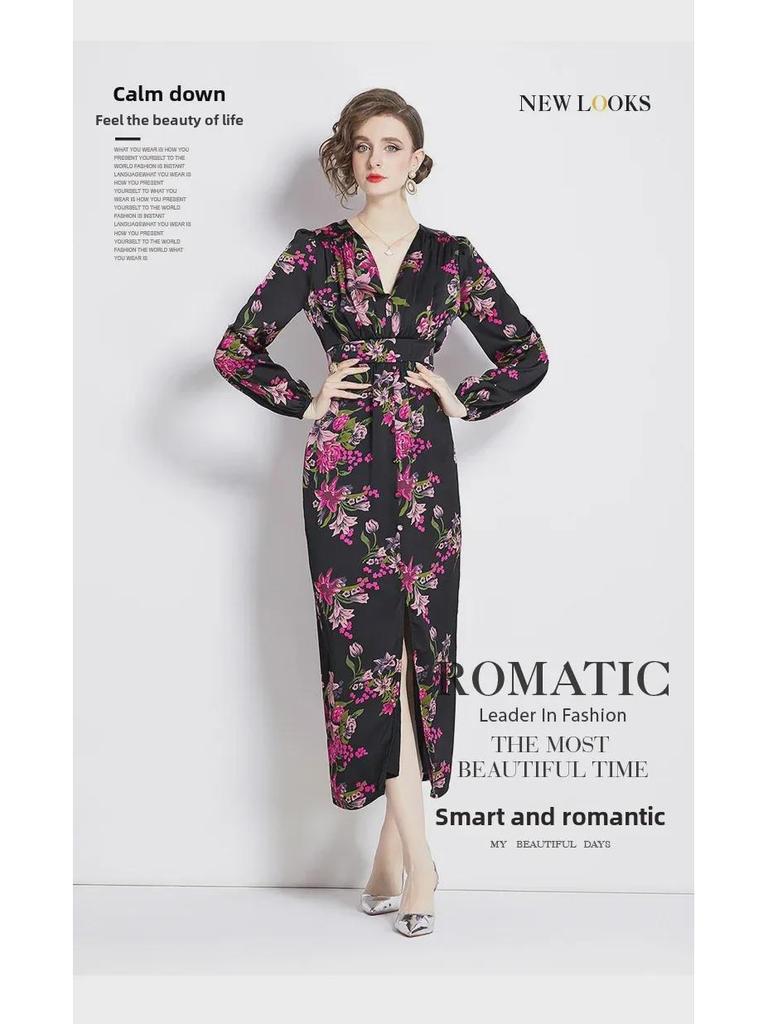 Elegantes Kleid mit Laternenärmeln und Print - Hochwertig, Leicht reifer Stil, Taillenbetont, Langer Rock für Frühlings- und Herbstabendgarderobe