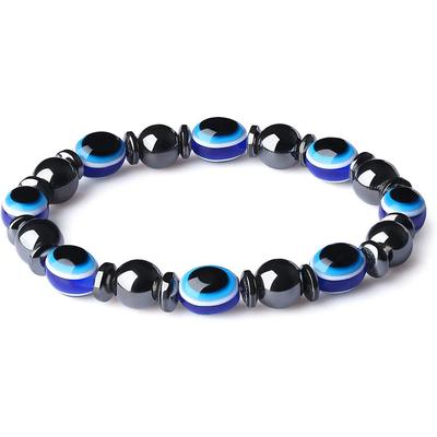 Bracelet Femme Œil Maléfique Hématite Noire - Stretch Perlé 8mm avec Espaceur