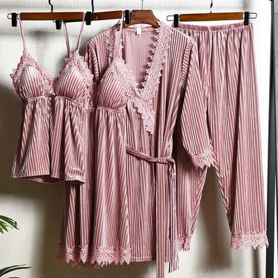 Accappatoio con bordo in pizzo pigiami in velluto set pigiama da 4 pezzi vestiti da casa in velluto ampio nuovi pigiami autunno-inverno da donna