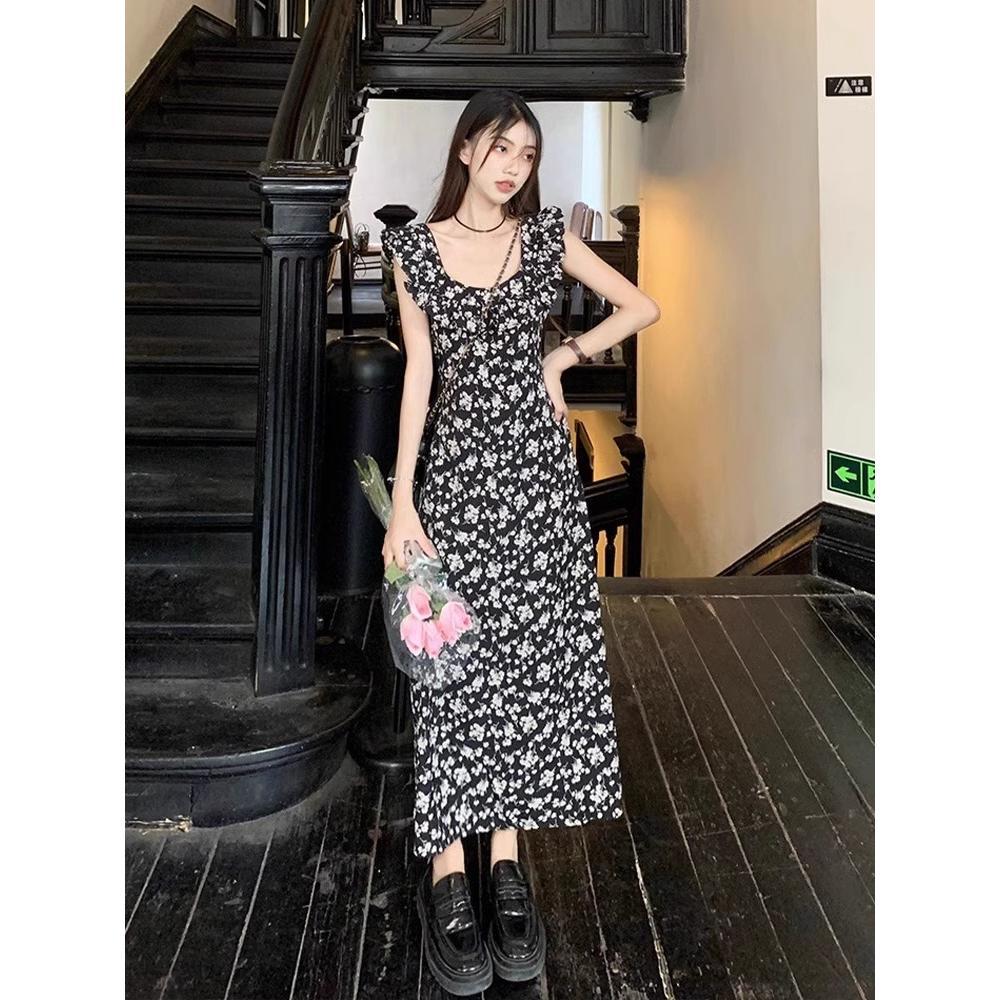 Black Floral Dress Dress Women's Spring New Casual Small Temperament Waist Long Dress Skirt