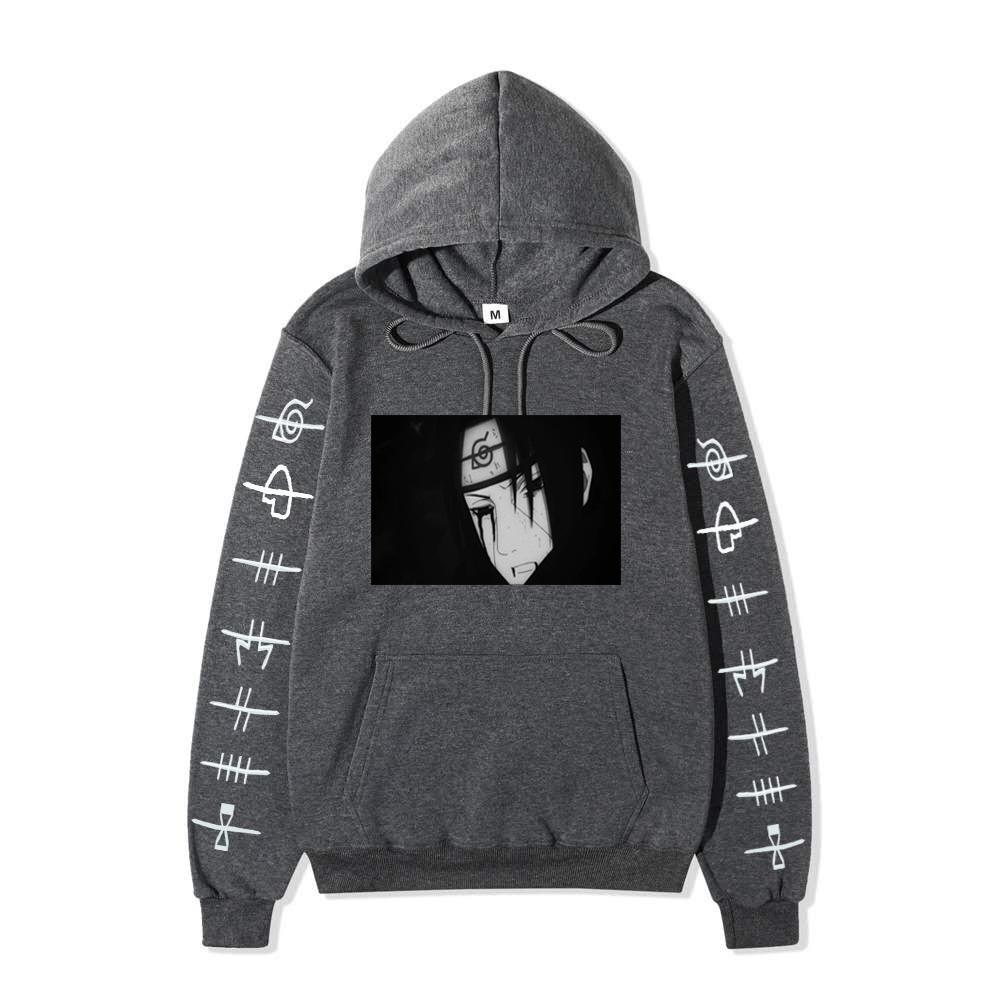 Anime Naruto Itachi Uchiha Hoodie Double Sleeve Symbol Print Character Front Print Pullover Sweatshirt Men Women Streetwear