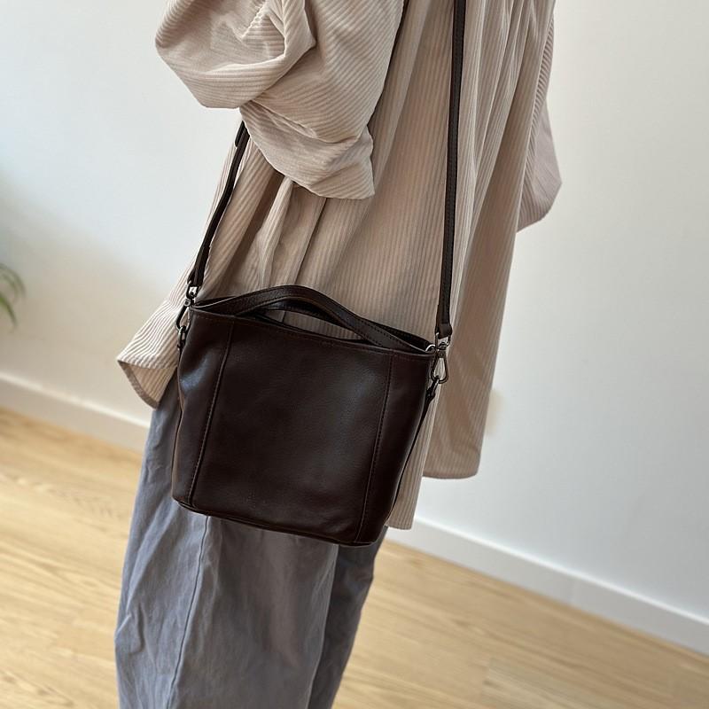 Johnature Genuine Leather Bucket Bag Casual Solid Color Women's Handbag Versatile Shoulder Crossbody Bag