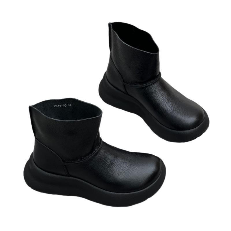 Women's Shoes: Thick-soled Anti-slip Women's Boots, Soft Leather Round-toe Casual Boots