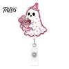 Pink Glitter Badge Reel Halloween Ghost Reel, Acrylic Retractable Holder Clip, Cute Heavy Duty ID Name for Women Nurse Teacher Medical Office