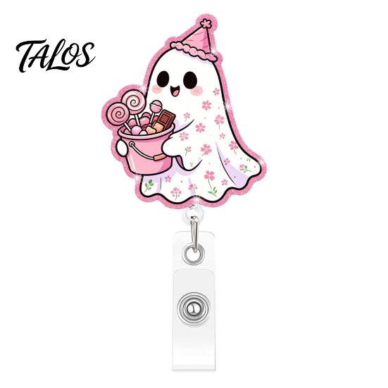 Pink Glitter Badge Reel Halloween Ghost Reel, Acrylic Retractable Holder Clip, Cute Heavy Duty ID Name for Women Nurse Teacher Medical Office